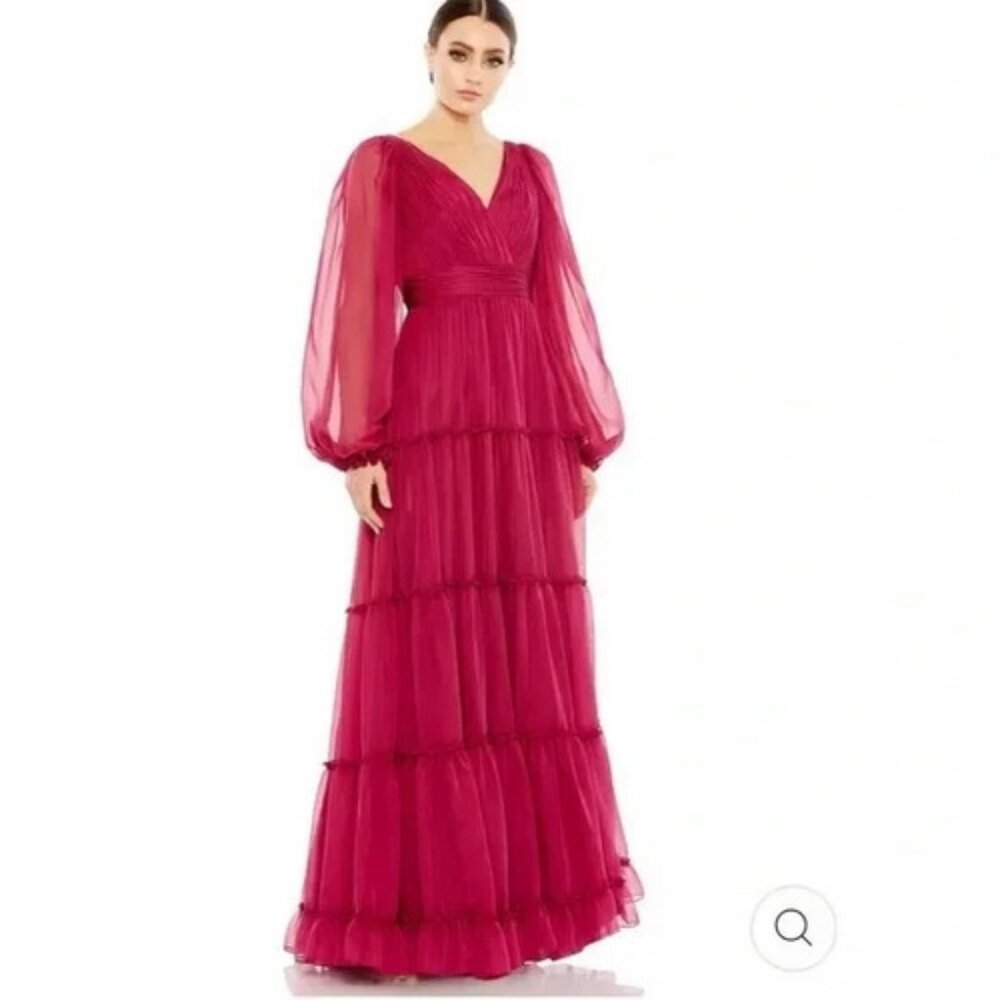 Mac Duggal Berry Ruffle Tiered Long Puff Sheer Sleeve A-Line Gown